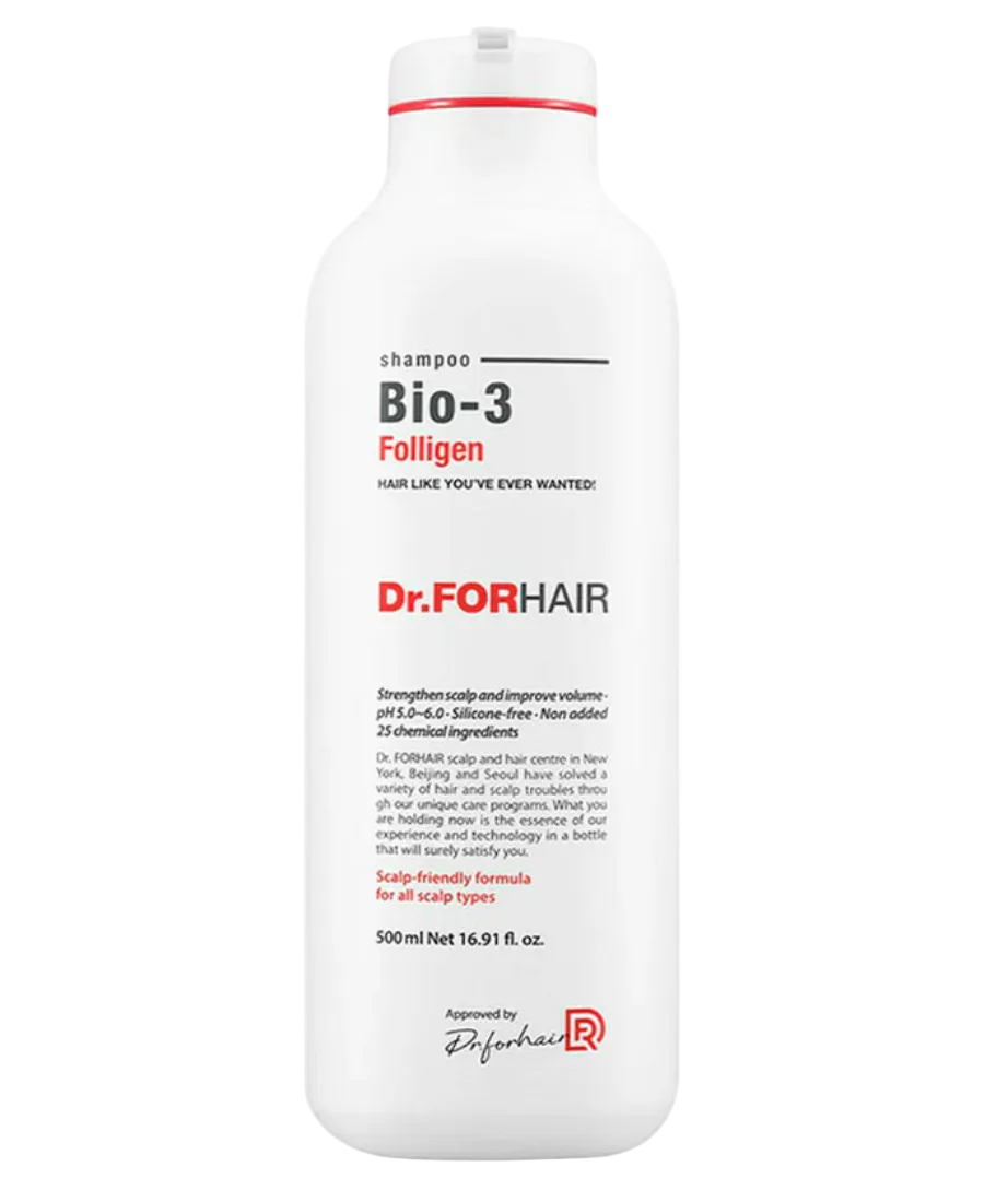 A 500ml white bottle of Dr. FOR HAIR Bio-3 Follijen shampoo, featuring a clean white design with red and black text on the label.