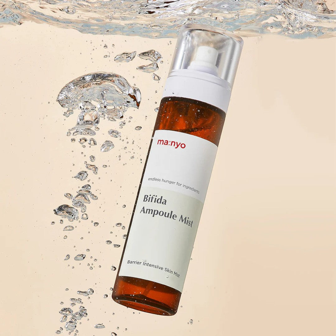 ma:nyo Bifida Ampoule Mist 120ml in water with bubbles, promoting hydration and skin care benefits.
