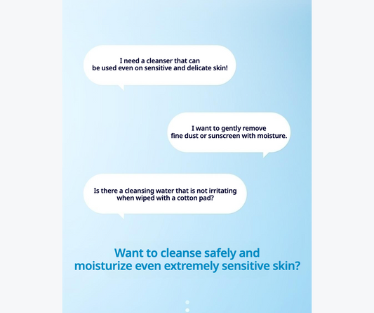 A light blue informational graphic with three white speech bubbles containing skincare-related questions in black text, plus a blue headline near the bottom.