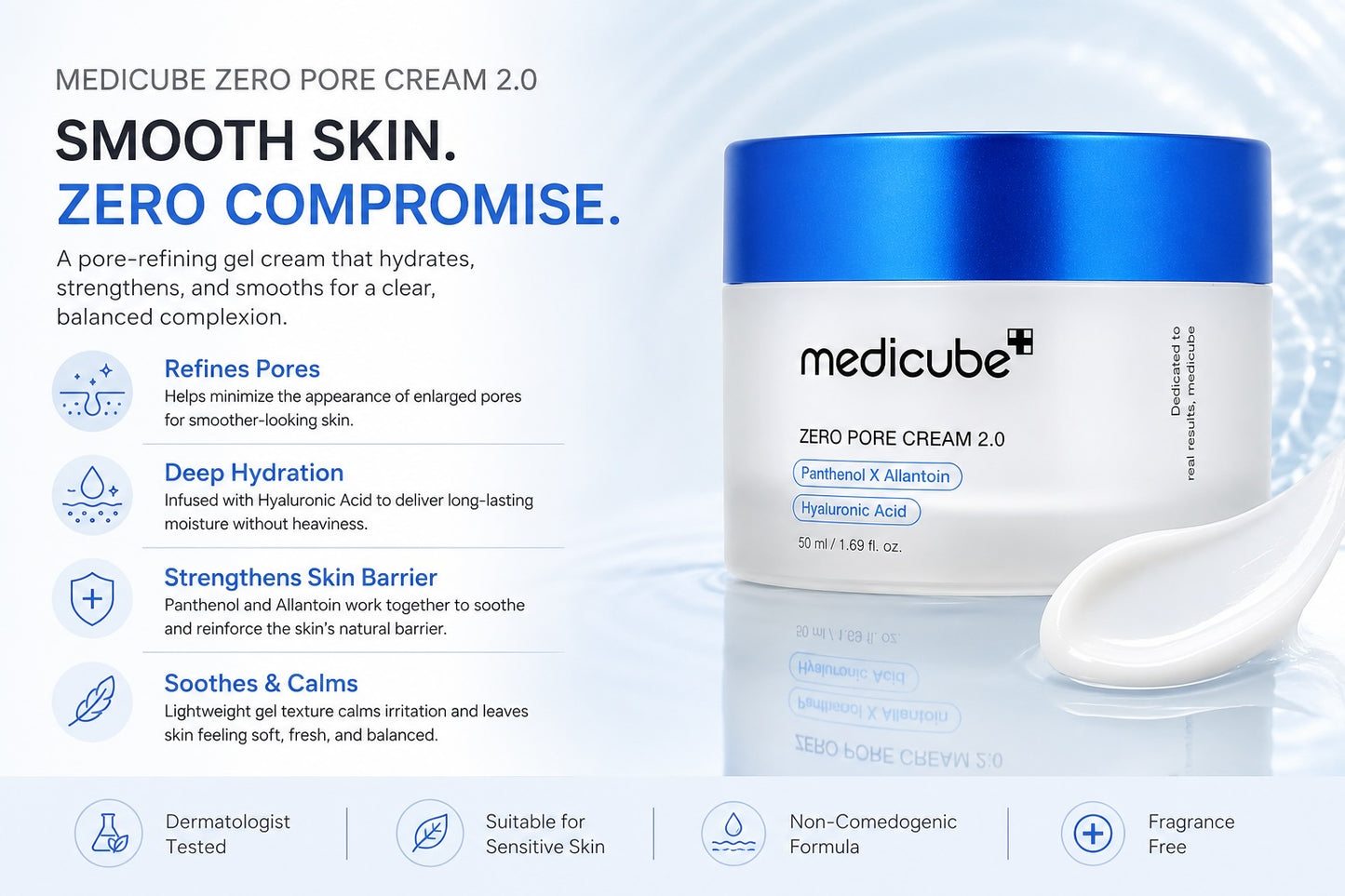 Medicube Zero Pore Cream 2.0 in a white jar with a blue lid, shown alongside a white spatula on a light blue background with product benefits and icons.