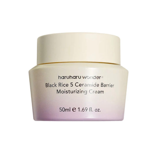A 50ml jar of haruharu wonder Black Rice 5 Ceramide Barrier Moisturizing Cream, featuring a cream-colored lid and a white-to-lavender gradient container with black text, set against a plain white background.