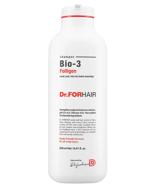 A 500ml white bottle of Dr. FOR HAIR Bio-3 Follijen shampoo, featuring a clean white design with red and black text on the label.