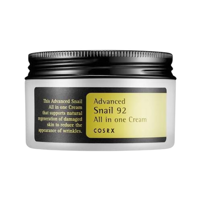 COSRX Advanced Snail 92 All in one Cream in a white plastic jar with a black screw-on lid and a black and yellow label.