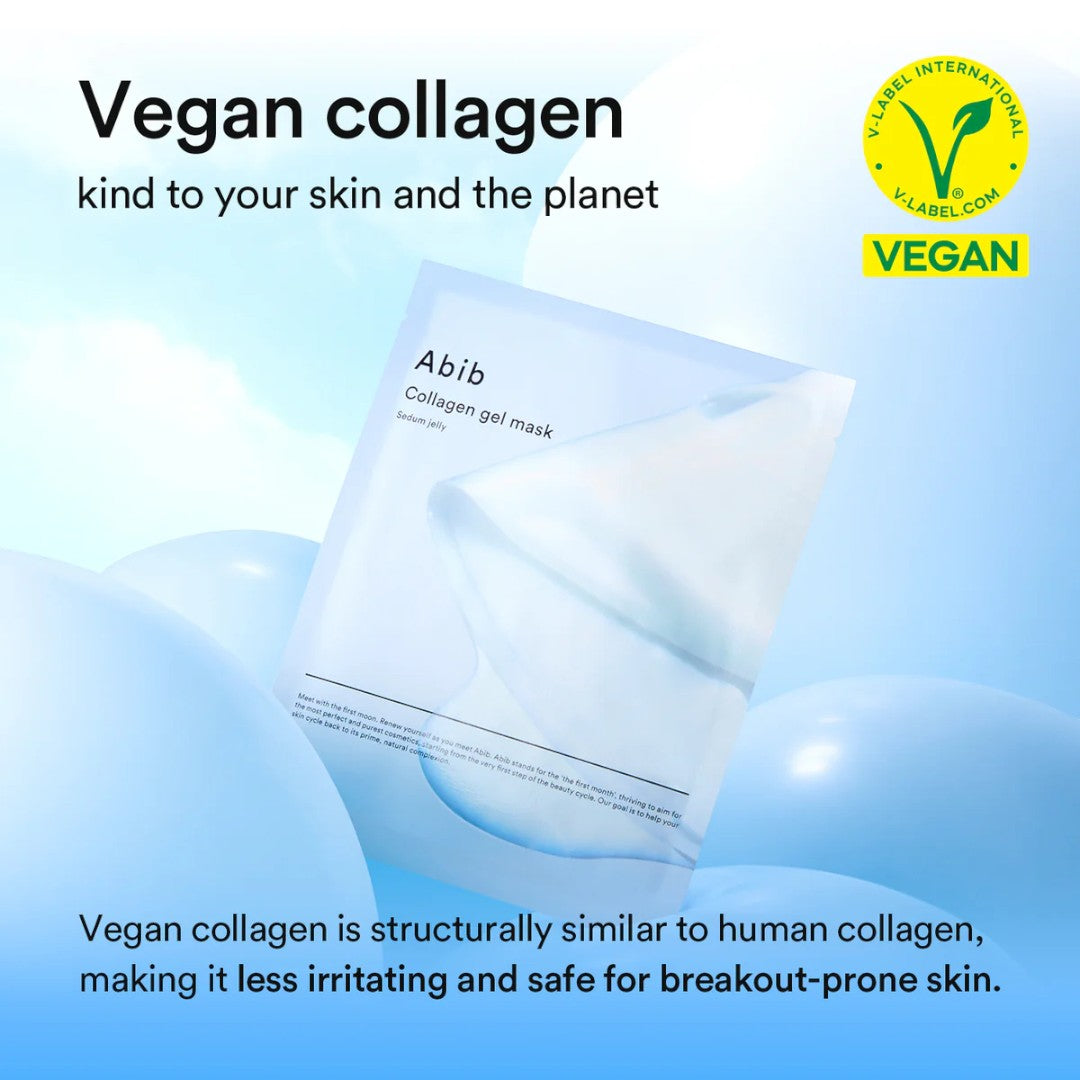 Abib Collagen Gel Mask Sedum Jelly 4 Sheets - Hydrating packaging displayed against a blue background.