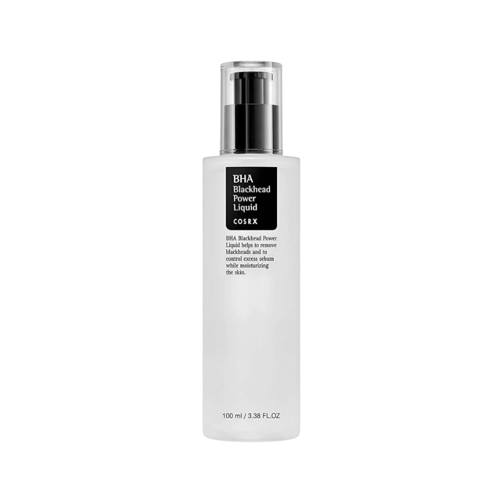 COSRX BHA Blackhead Power Liquid in a 100 ml (3.38 fl oz) white pump bottle with a black label and clear cap, shown on a plain white background.