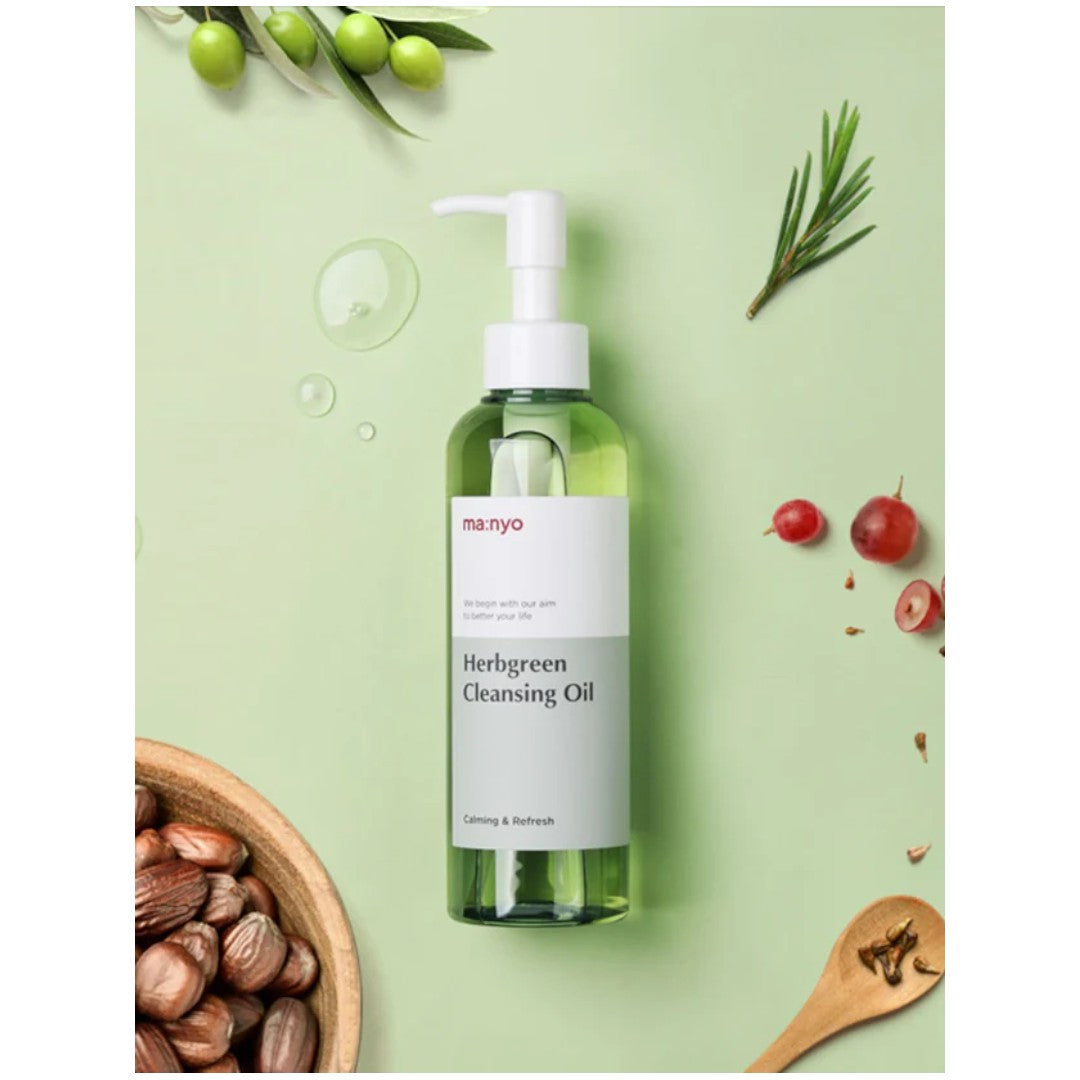 ma:nyo Herb Green Cleansing Oil 200ml in a pump bottle on a green background with natural elements.