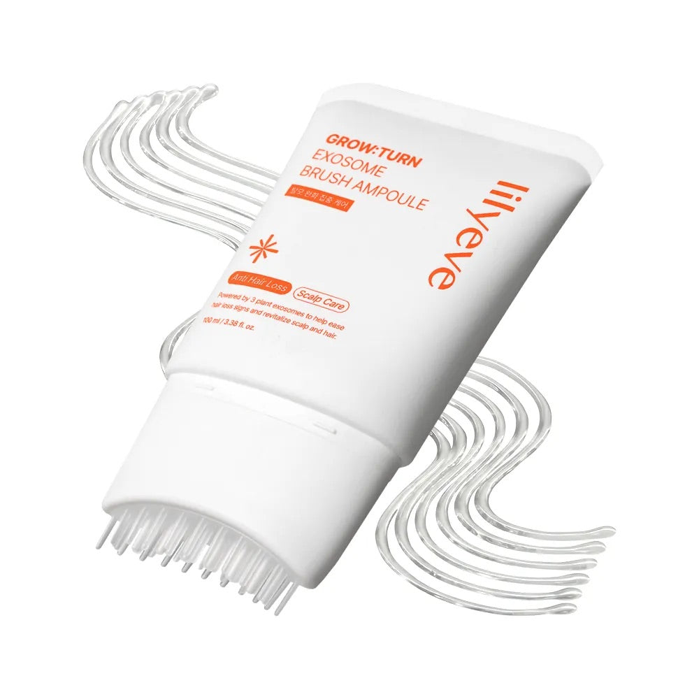 White hairbrush with clear bristles and Lilyeve Grow Turn Exosome Brush Ampoule 