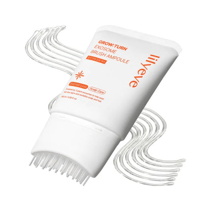White hairbrush with clear bristles and Lilyeve Grow Turn Exosome Brush Ampoule 