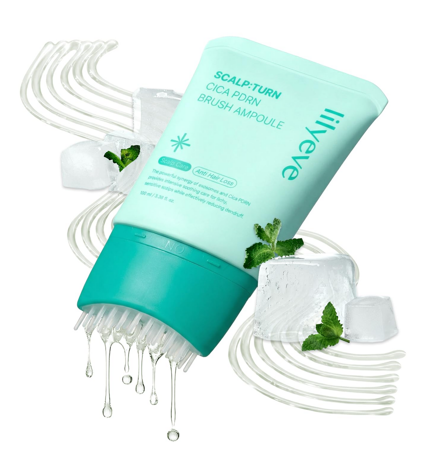 A tube of iliveye Scalp-Turn Cica Pore Brush Amoule, featuring a mint green and teal color scheme, shown with clear applicator bristles dripping water, ice cubes, and mint leaves on a white background.