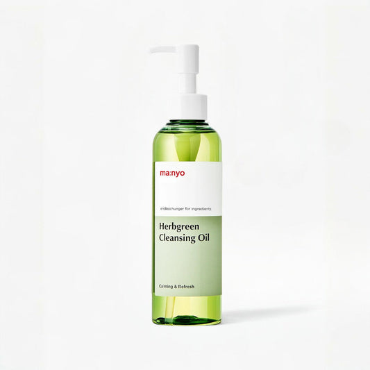 ma:nyo Herb Green Cleansing Oil 200ml bottle with pump, calming and refreshing cleansing oil for makeup removal.