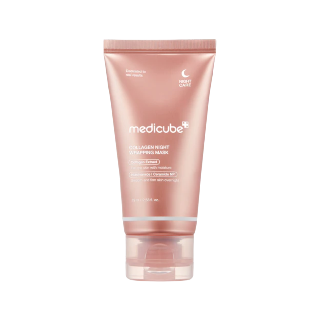 Pink tube of Medicube Collagen Night Sleeping Mask on a white background