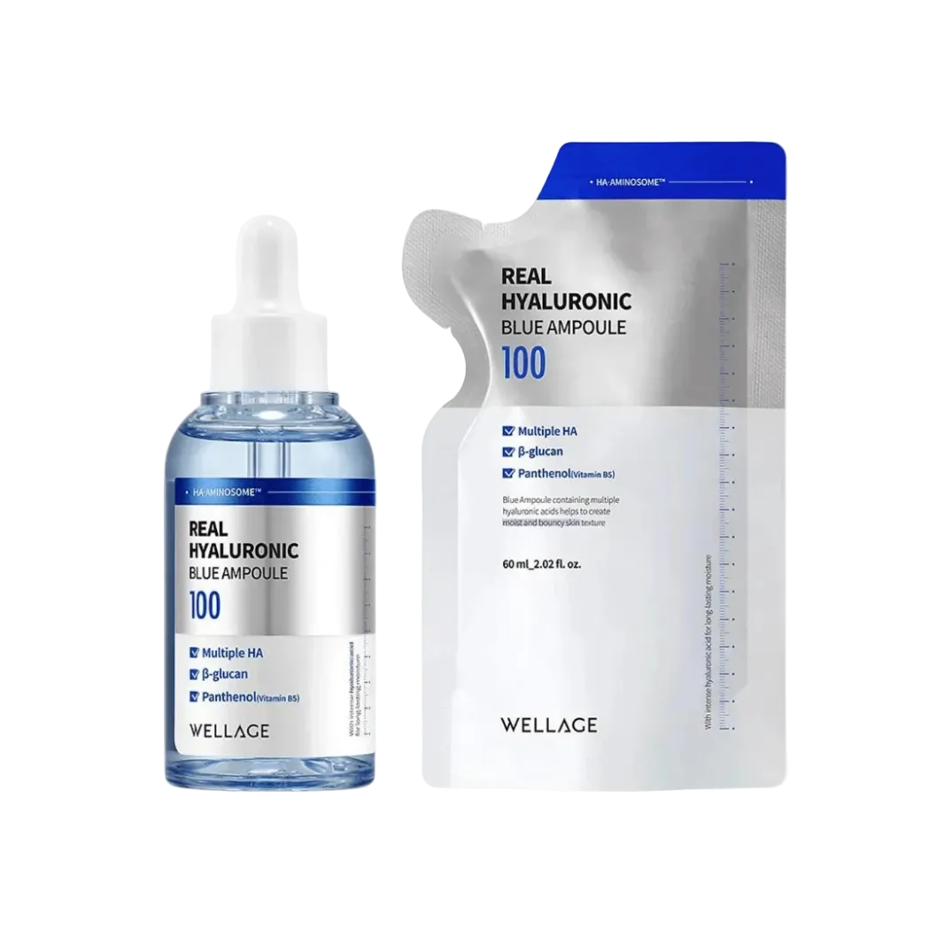 Wellage Real Hyaluronic Blue Ampoule 100 set, featuring a clear bottle with blue liquid and dropper alongside a matching blue and white refill pouch on a light gray background.