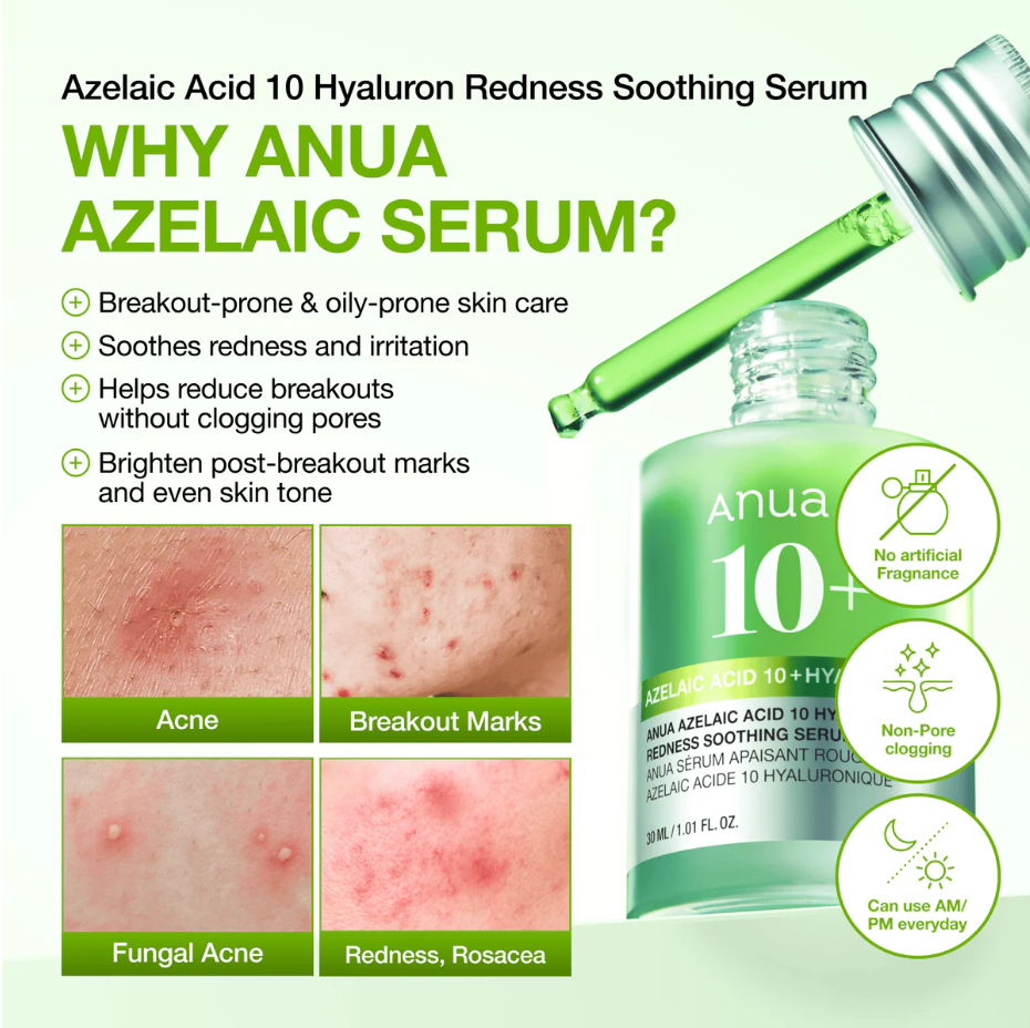 Sérum Apaisant Anti-Rougeurs à l'Acide Azélaïque 10 et à l'Acide Hyaluronique Anua 30 ml
