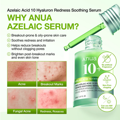 Sérum Apaisant Anti-Rougeurs à l'Acide Azélaïque 10 et à l'Acide Hyaluronique Anua 30 ml