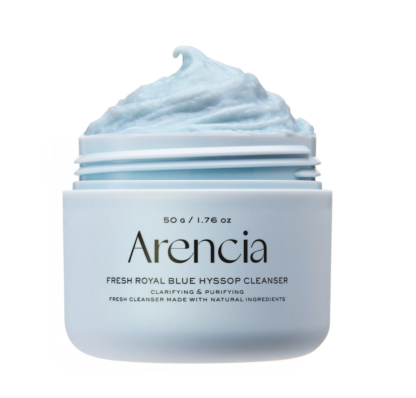 A jar of Arencia Fresh Royal Blue Hyssop Cleanser with a light blue whipped cleanser visible in an open container, set against a plain white background.