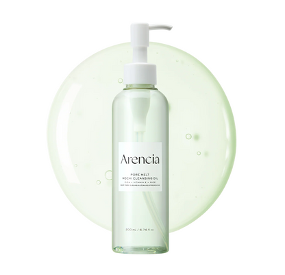 A clear pump bottle of Arencia Norelft Nore Clearwood Pore Melt skincare serum, featuring a white label and pump, set against a large pale green translucent gel circle on a white background.