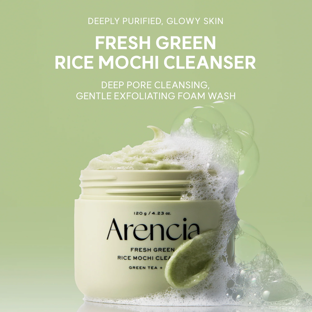 Arencia Fresh Green Rice Mochi Cleanser jar with foaming green cleanser and a green tea leaf on a light green background with product text.
