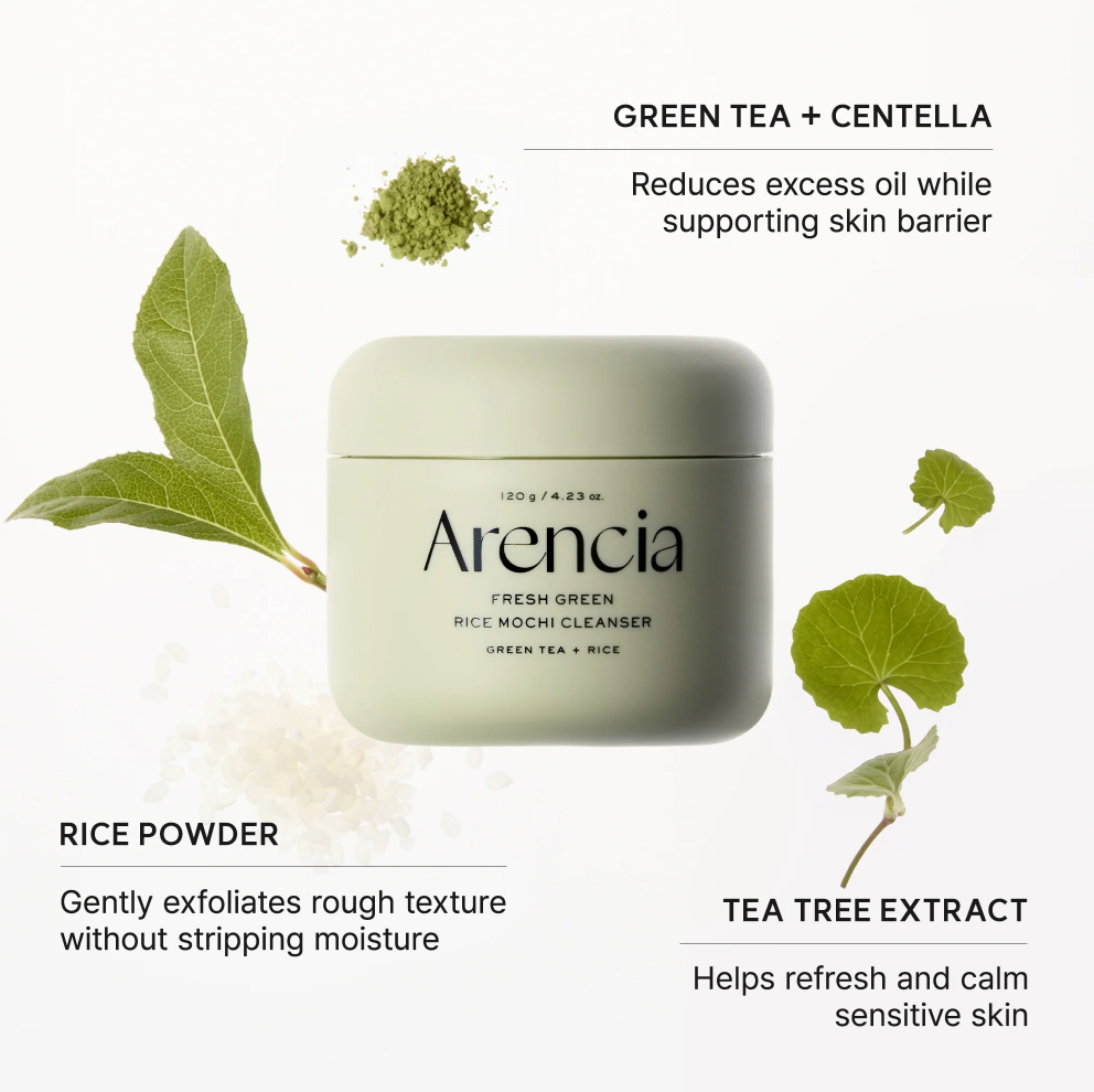 A jar of Arencia Fresh Green Rice Mochi Cleanser centered on a white background, surrounded by green leaves, rice powder, and text callouts describing ingredients and benefits.