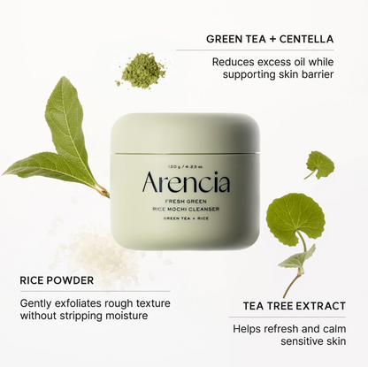 A jar of Arencia Fresh Green Rice Mochi Cleanser centered on a white background, surrounded by green leaves, rice powder, and text callouts describing ingredients and benefits.