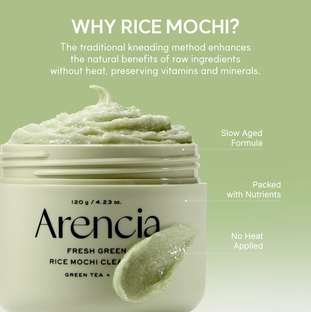 Arencia Fresh Green Rice Mochi Cleanse in a white jar with a green paste swatch shown on the front, set against a light green background with informational text overlays.