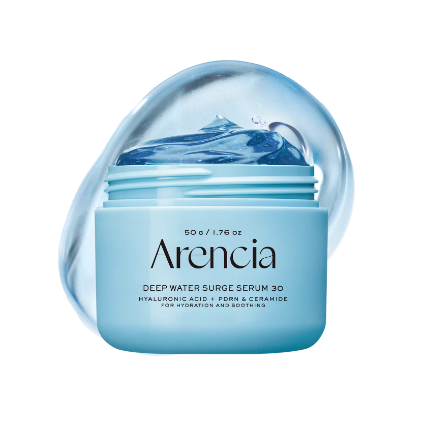 A jar of Arencia Deep Water Surge Serum 30 in a light blue container with a matching blue liquid splash graphic behind it, on a plain white background.
