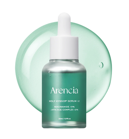A 30ml bottle of Arencia Holy Hyssop Serum 12 with a white dropper cap, set against a translucent mint green circular background on a white studio backdrop.