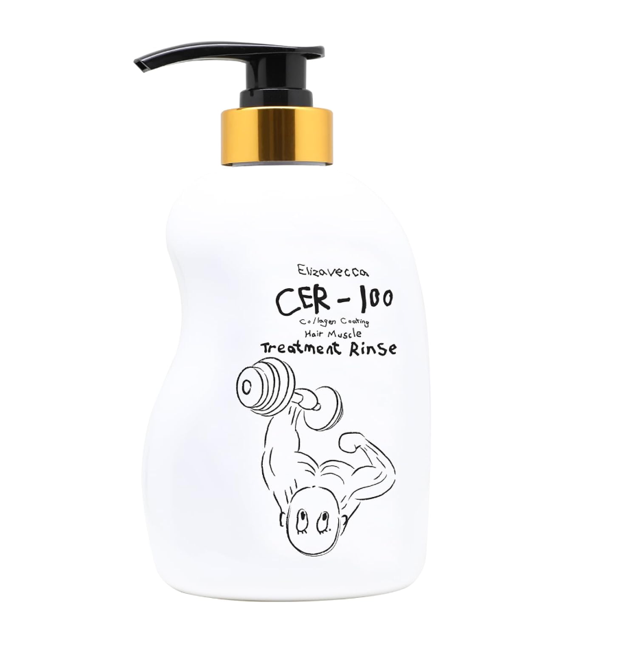 A white pump bottle of Eusavecon CER-100 Hair Mistle Treatment Rinse, featuring a black pump, a gold collar, and a black line art illustration of a person lifting a barbell on the front.