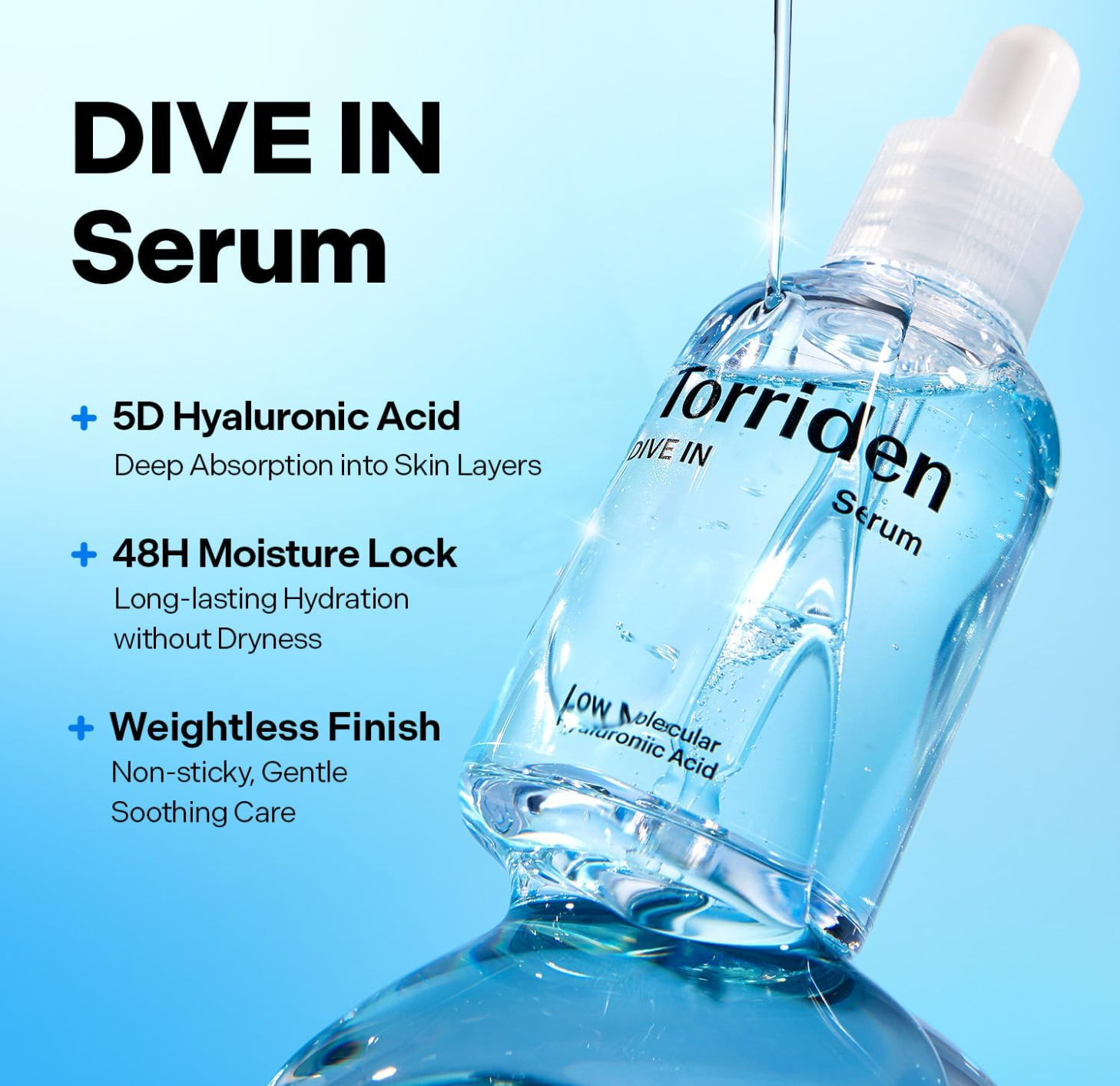 A clear dropper bottle of Torriden Dive In Serum filled with transparent blue liquid, shown on a light blue background with marketing text highlighting hyaluronic acid, moisture lock, and weightless finish.