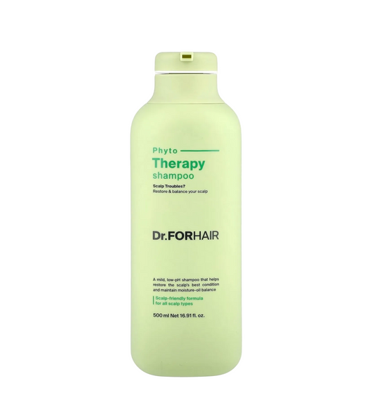 A 500 ml bottle of Dr. FOR HAIR Phyto Therapy shampoo in a pale yellow-green color, shown against a plain white background.
