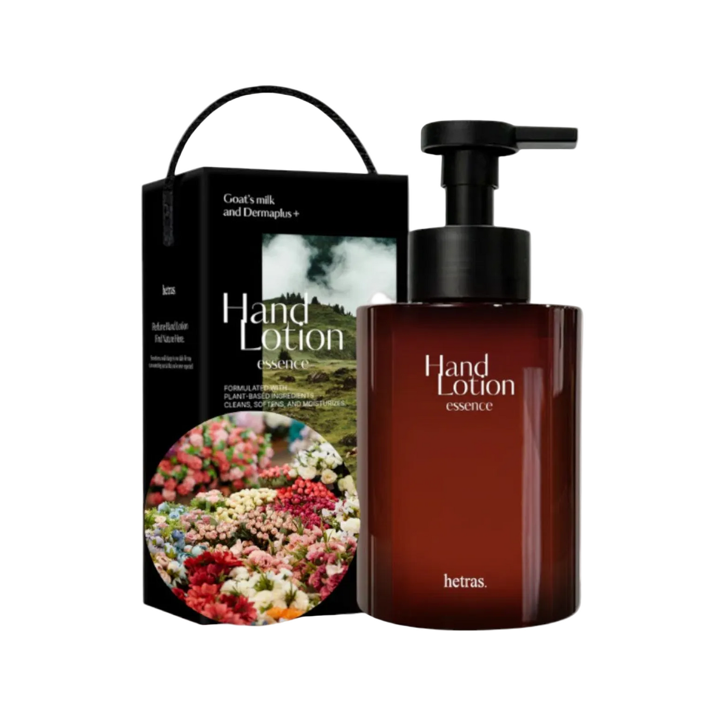 A bottle of Hetas Hand Lotion Essence in a translucent amber-brown bottle with a black pump dispenser, shown next to its black packaging box on a clean white background.