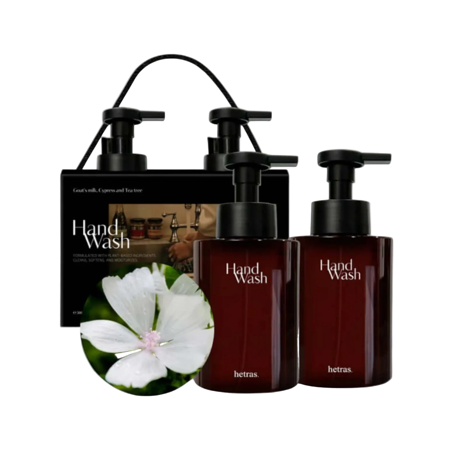 Two dark red hand wash bottles hetras london musk with black pumps and a matching black box, shown on a white background with a white flower graphic in front.