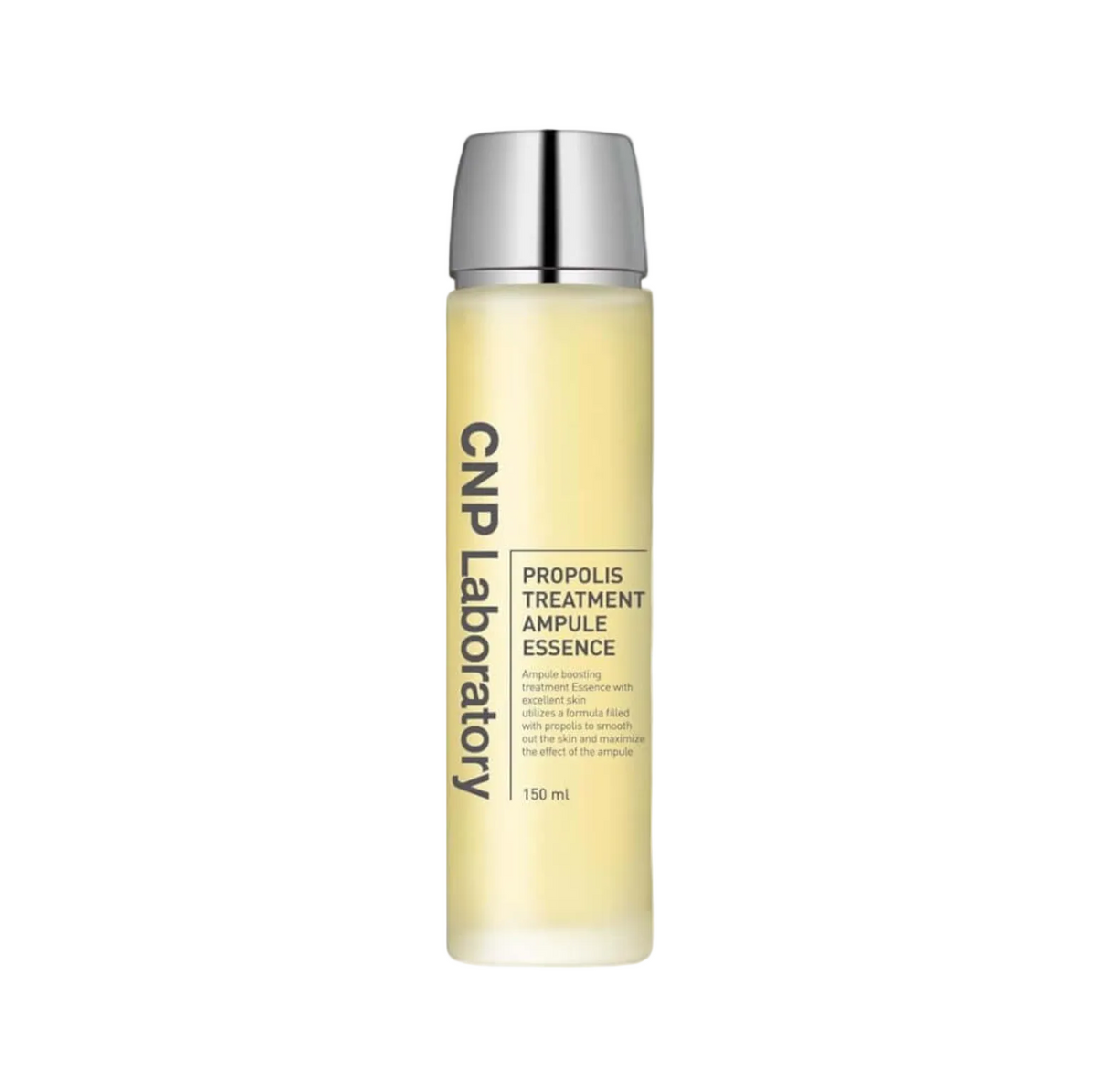 A 150 ml bottle of CNP Laboratory Propolis Treatment Ampule Essence, featuring a pale yellow liquid inside a frosted glass bottle with a metallic silver cap, set against a clean white background.