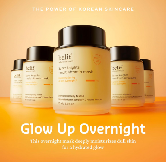 Five Belif skincare jars arranged in a row on a warm orange gradient background, with the center jar most prominent. The text at the top reads 'THE POWER OF KOREAN SKINCARE' and the large text at the bottom reads 'Glow Up Overnight.