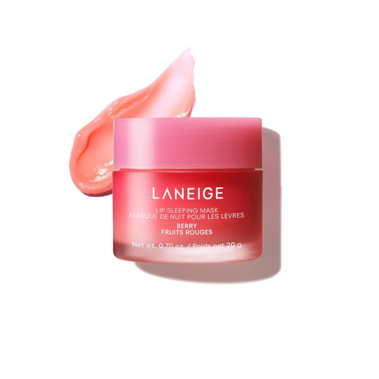 LANEIGE Lip Sleeping Mask in Berry Fruits Rouges, shown in a translucent pink jar with a matching lid, accompanied by a swipe of the pink berry-colored cream on a clean white background.