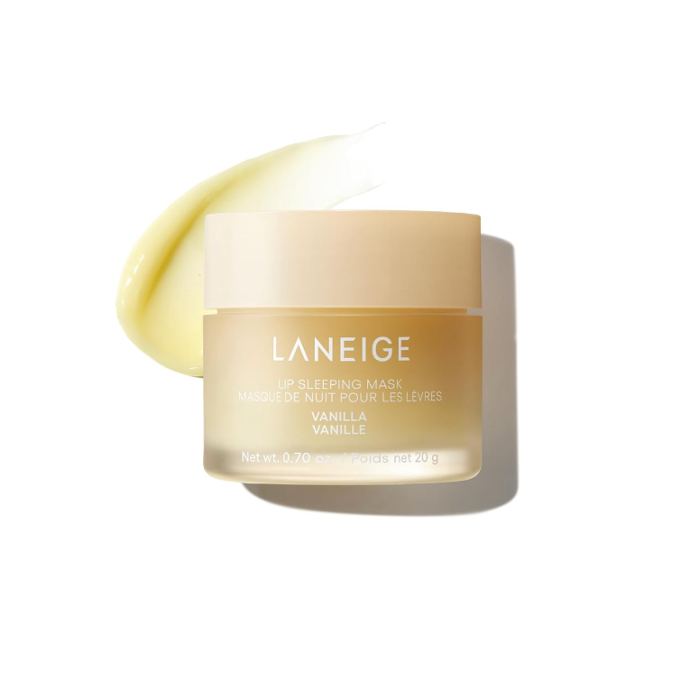 LANEIGE Lip Sleeping Mask jar in Vanilla, featuring a light beige jar and lid with a matching cream-colored product smear behind it on a white background.