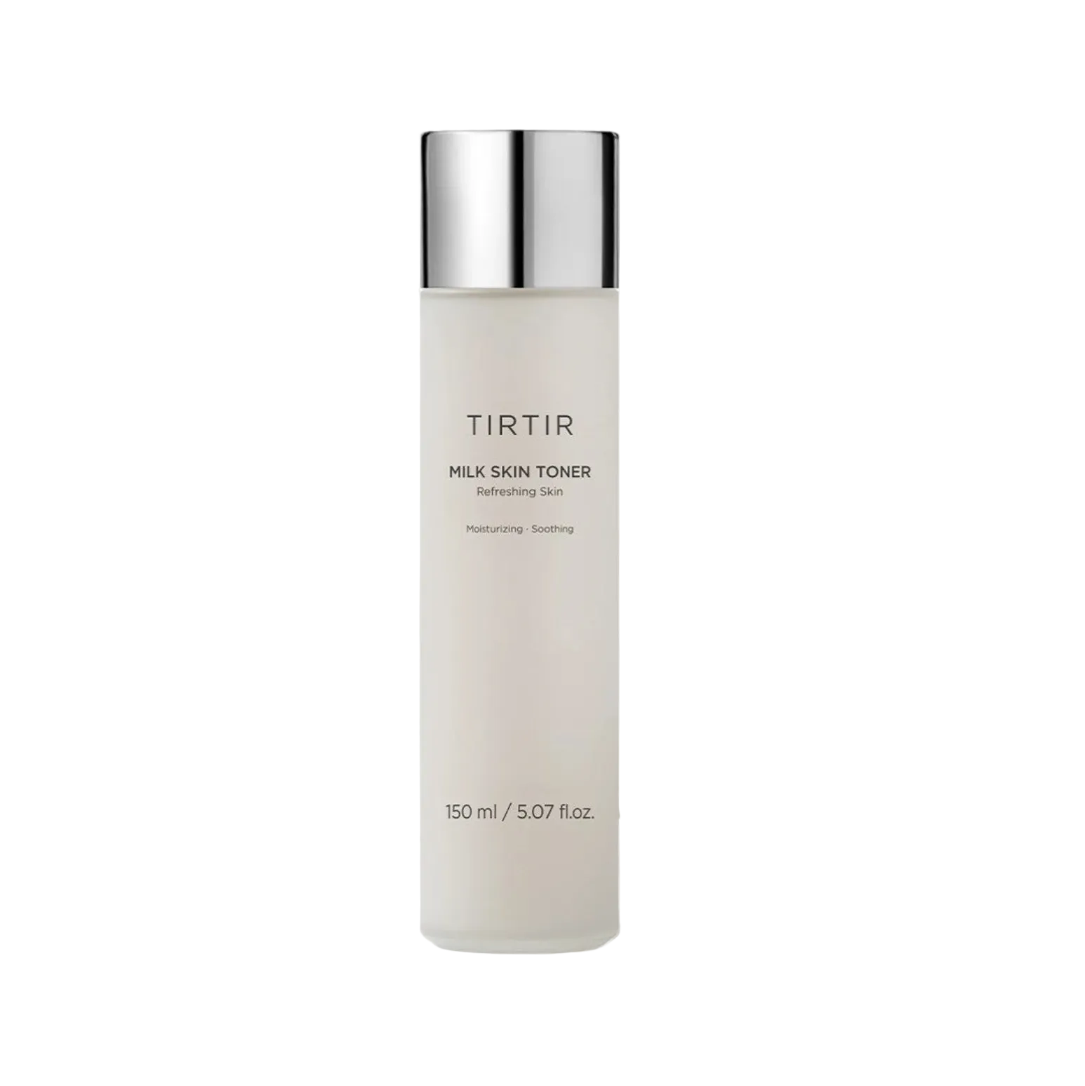 A bottle of TIRTIR Milk Skin Toner with a reflective silver cap, set against a clean white background with a soft, translucent heart-shaped liquid splash behind it.