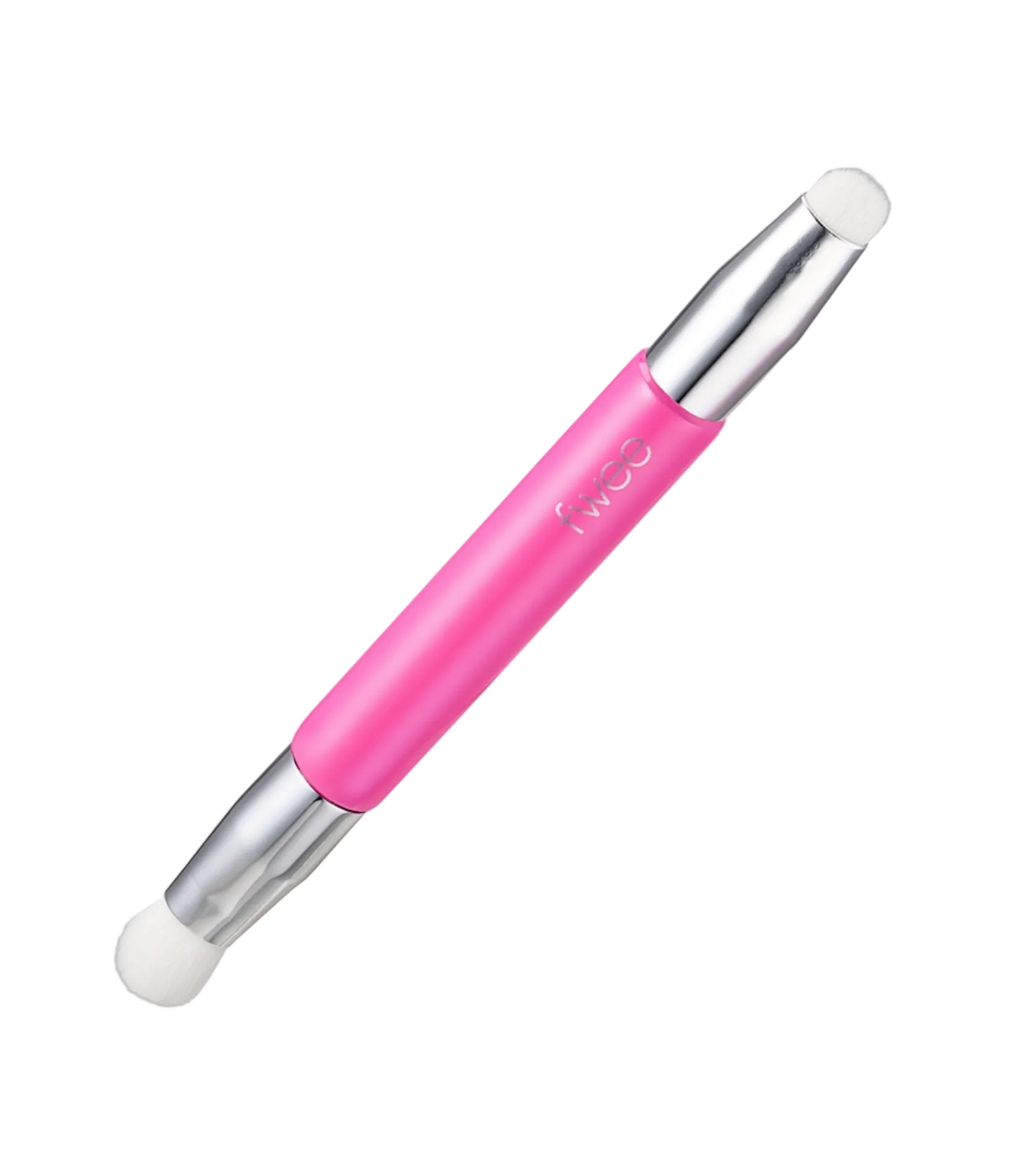 A pink and silver dual-ended cosmetic applicator tool with soft white silicone tips, shown diagonally on a light gray gradient background.