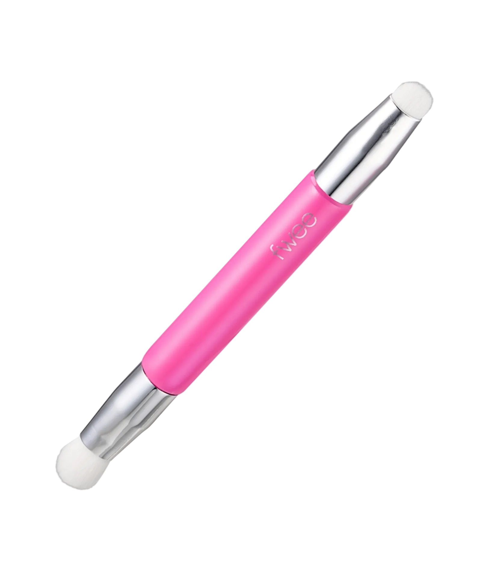 A pink and silver dual-ended cosmetic applicator tool with soft white silicone tips, shown diagonally on a light gray gradient background.