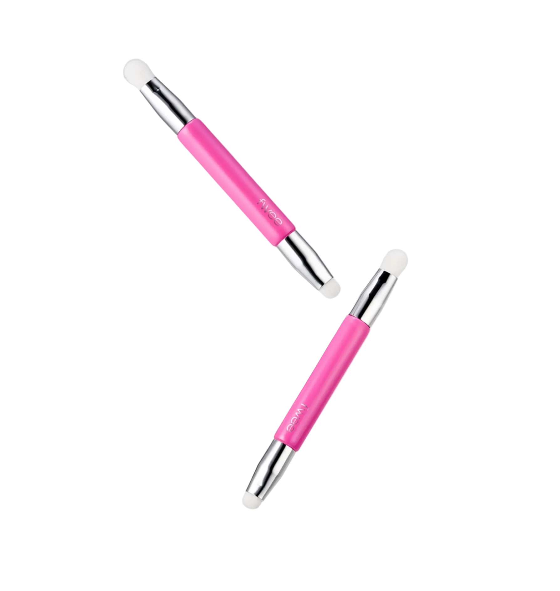 Two pink and silver dual-ended facial cleansing brushes floating diagonally on a light gray background.