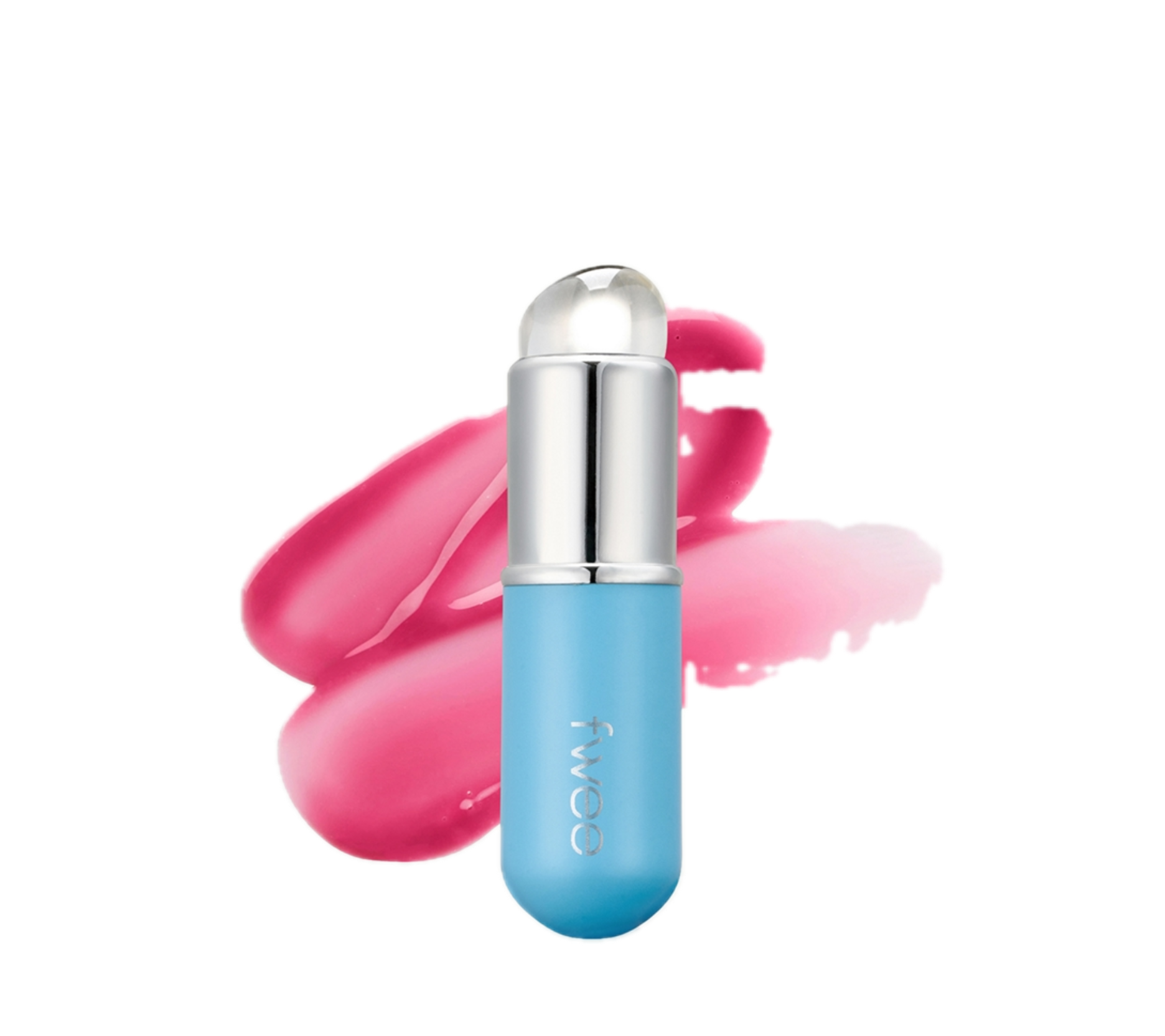 A light blue cosmetic stick with a silver cap and clear dome tip, shown in front of pink and pink-peach swatches on a plain white background. The vertical brand name 'fwoa' is printed on the tube.
