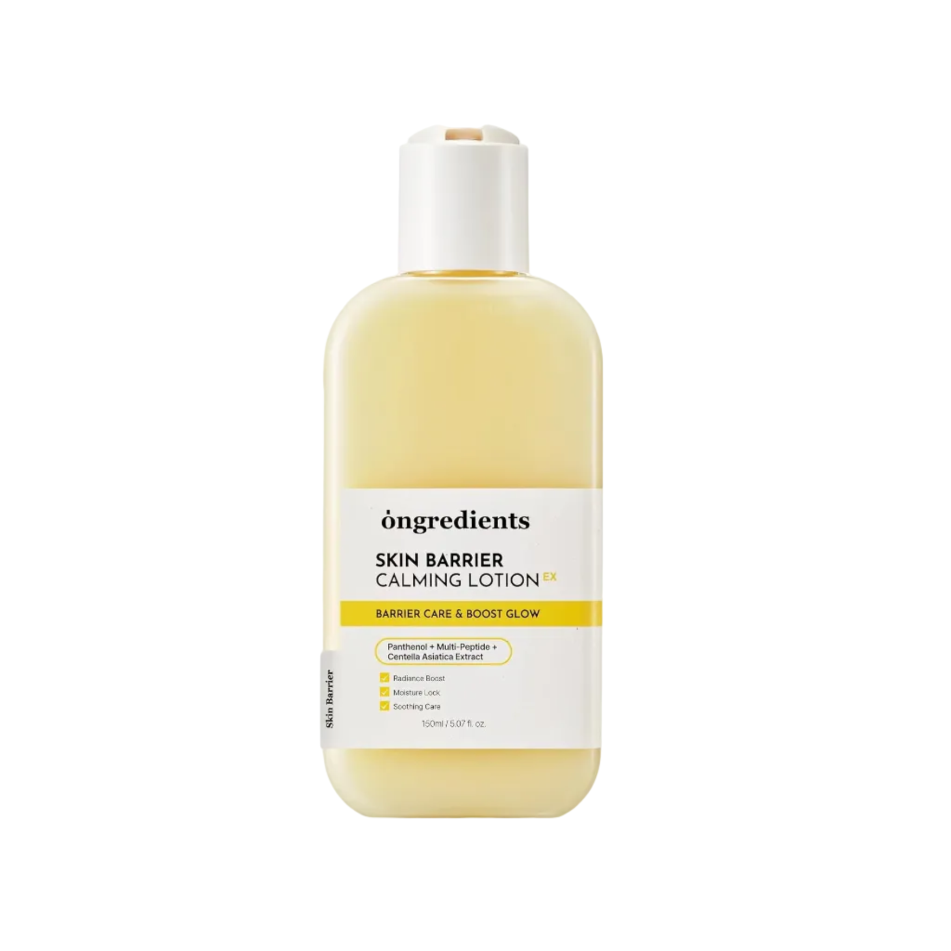 A bottle of öngredients Skin Barrier Calming Lotion with a white cap and a white label, containing a pale yellow lotion, shown against a white background with a smear of the cream behind it.