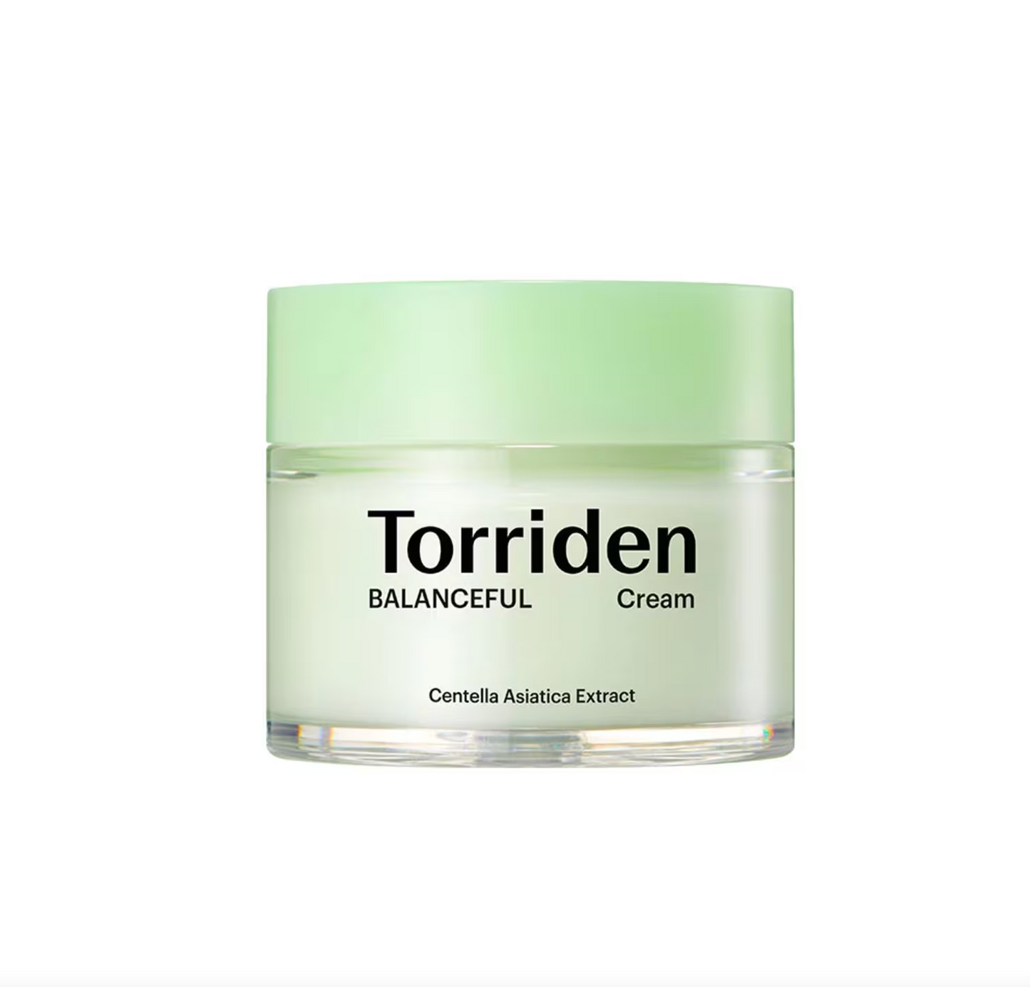 A jar of Torriden Balanceful Cream with a light green lid and clear glass container showing the off-white cream inside, set against a plain white background.