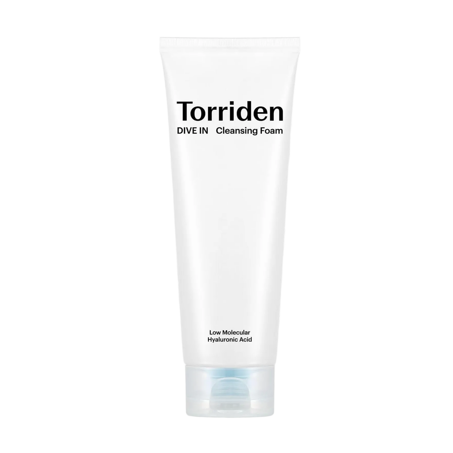 A white tube of Torriden Dive In Cleansing Foam centered on a white background with a large dollop of white foam behind it. The tube has black text reading 'Torriden' and 'DIVE IN Cleansing Foam' with smaller text near the bottom.