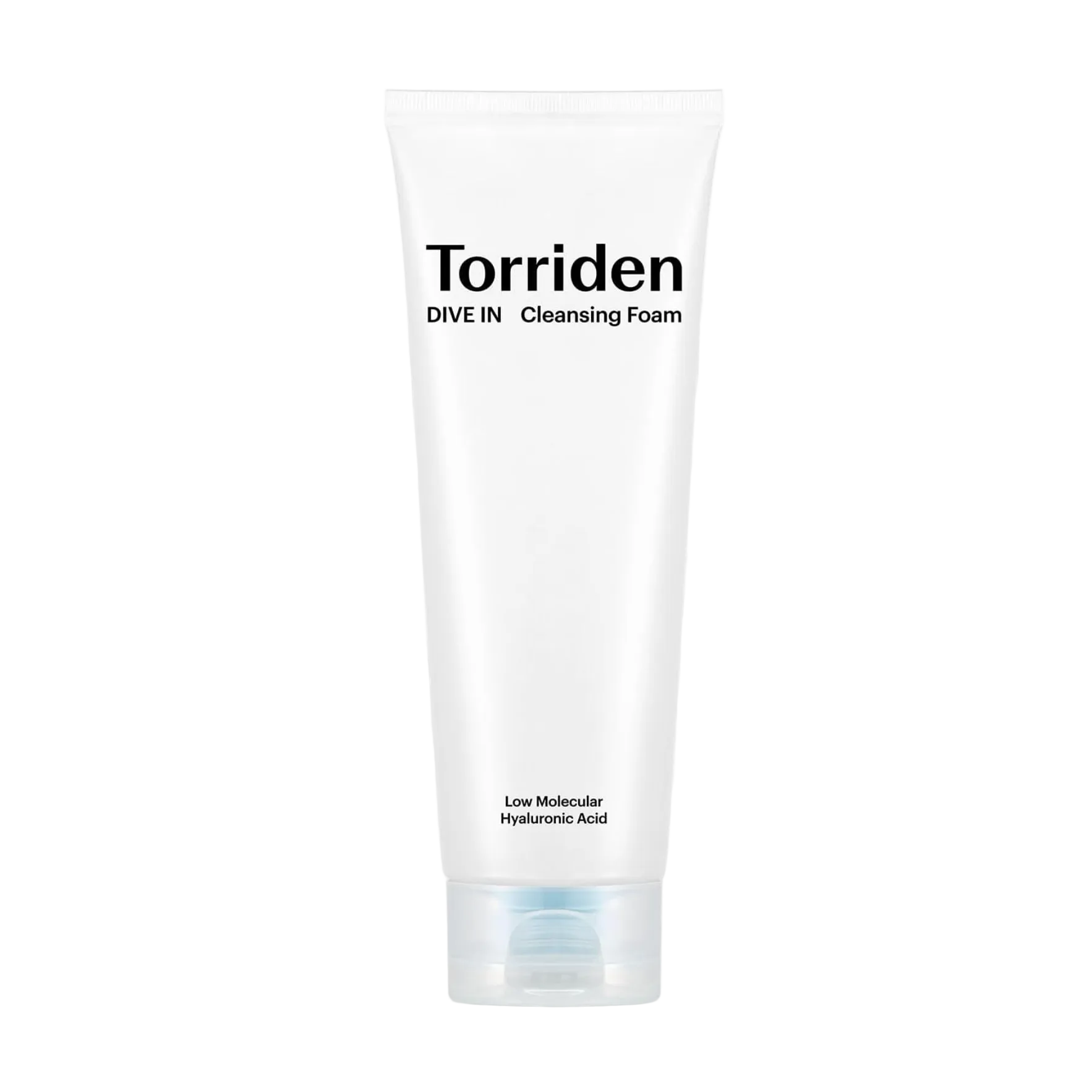 A white tube of Torriden Dive In Cleansing Foam centered on a white background with a large dollop of white foam behind it. The tube has black text reading 'Torriden' and 'DIVE IN Cleansing Foam' with smaller text near the bottom.