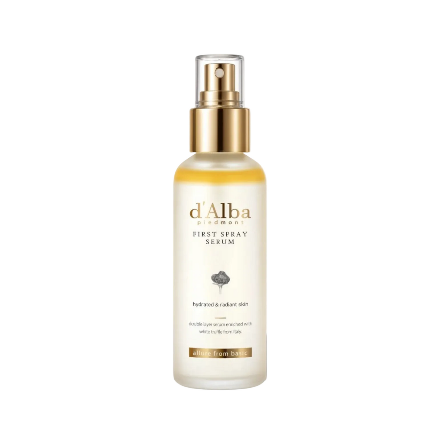 d'Alba London First Spray Serum in a frosted glass bottle with a gold pump dispenser, set against a clean white background with a soft shadow. kbeauty mart