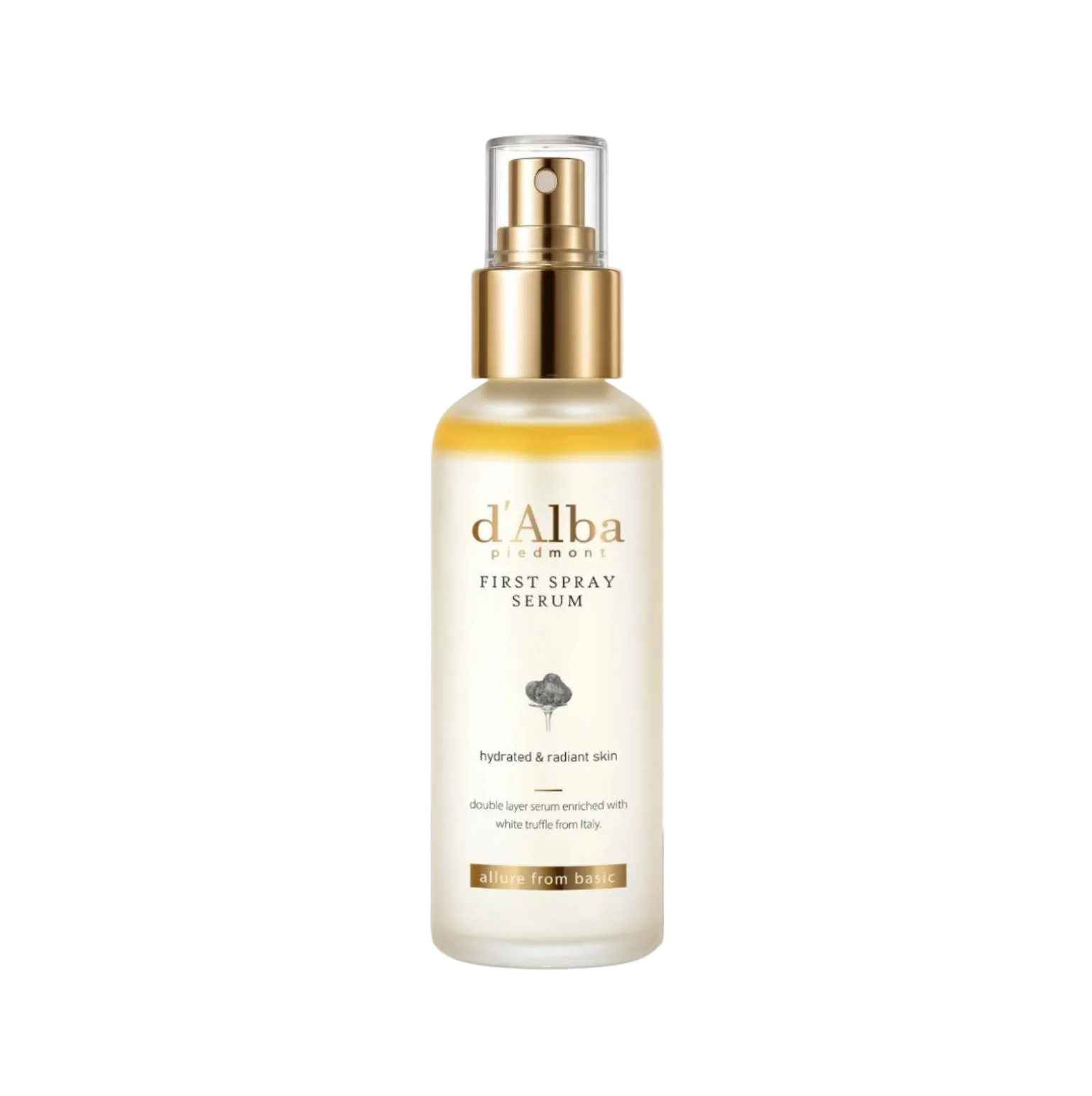 d'Alba London First Spray Serum in a frosted glass bottle with a gold pump dispenser, set against a clean white background with a soft shadow. kbeauty mart