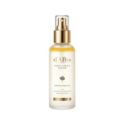 d'Alba London First Spray Serum in a frosted glass bottle with a gold pump dispenser, set against a clean white background with a soft shadow. kbeauty mart
