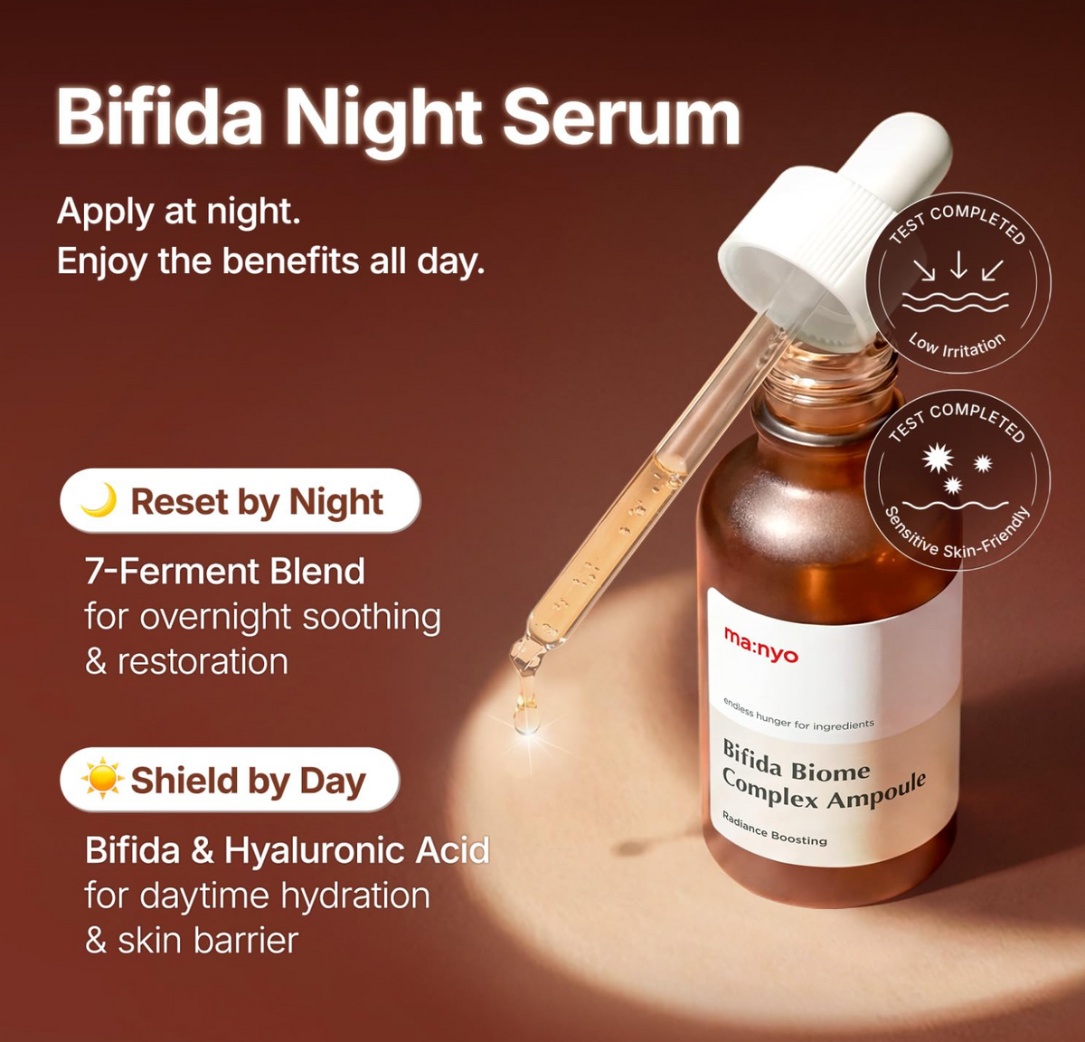 Bifida Night Serum by manyo in an amber glass dropper bottle, shown with the dropper resting above it on a warm brown gradient background with promotional text.