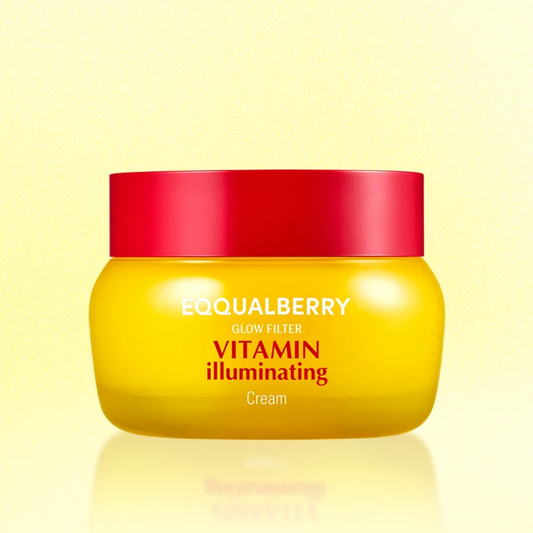 A jar of EQQUALBERRY Vitamin Illuminating Cream 50ml, featuring a bright yellow body and a vibrant red lid, set against a soft yellow background with a subtle reflection.