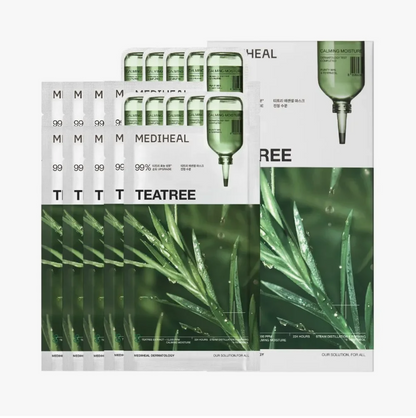A set of Mediheal Tea Tree facial mask packets arranged in a fan shape. The packaging features a white top section with the brand name 'MEDIHEAL' and 'TEATREE' in bold black text, alongside an illustration of a green dropper bottle, and a lower section showing a close-up photograph of green tea tree leaves with water droplets.